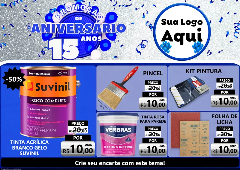 Modelo de Encarte para Encarte A4 Horizontal com o tema Promoção de Aniversário - 15 Anos para Tintas e Ferramentas