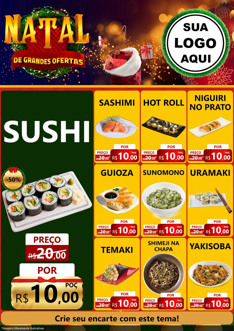 Modelo de Encarte para Encarte A4 Vertical com o tema Natal de Grandes Ofertas para Comida japonesa