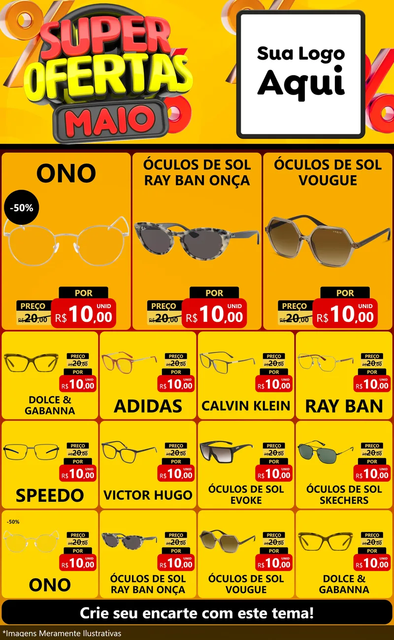 Modelo de Encarte para Encarte Grande com o tema Super Ofertas Maio para Óticas