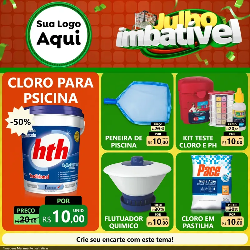 Modelo de Rede Social para Feed Facebook com o tema Julho Imbatível para Produtos para Piscina