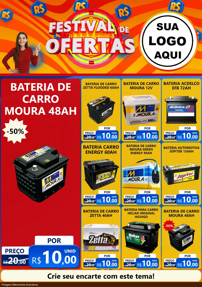 Modelo de Encarte para Encarte A4 Vertical com o tema Festival de Ofertas para Baterias Elétricas