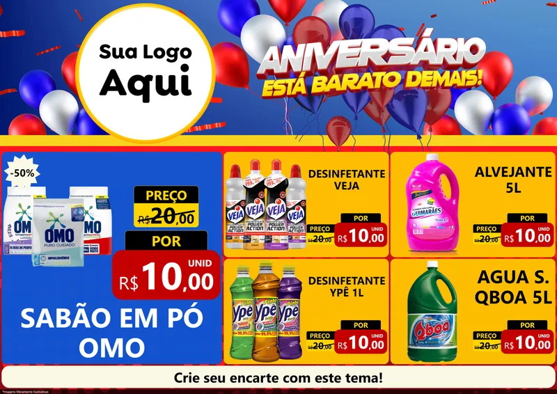 Modelo de Encarte para Encarte A4 Horizontal com o tema Aniversário para Produtos de Limpeza