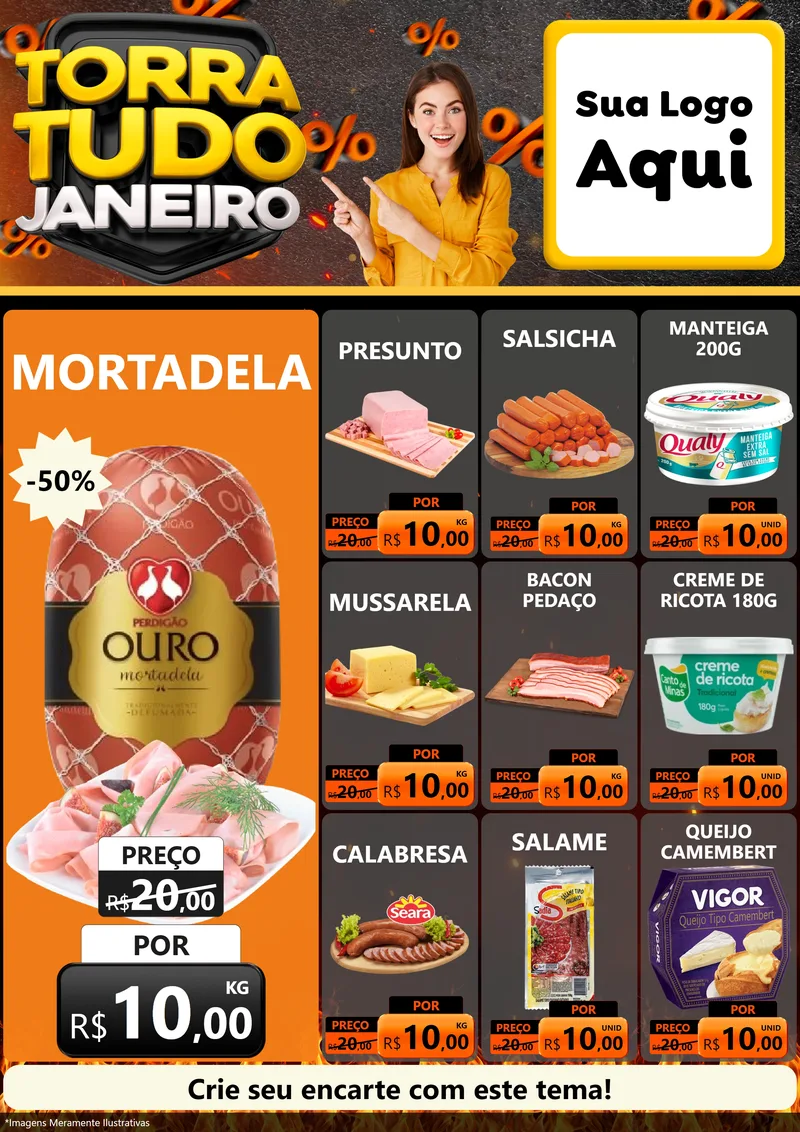 Modelo de Encarte para Encarte A4 Vertical com o tema Torra Tudo Janeiro para Frios e Laticínios