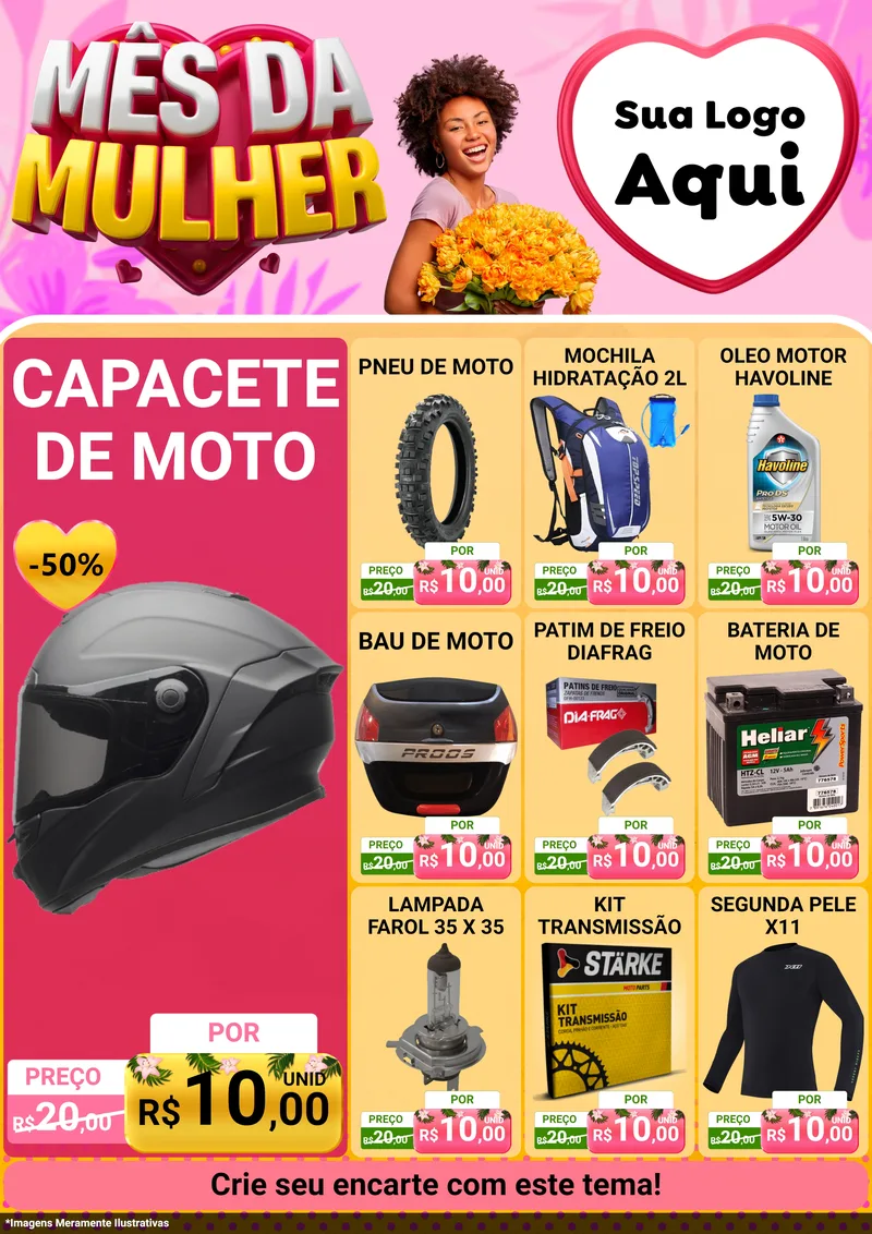 Modelo de Encarte para Encarte A4 Vertical com o tema Mês da Mulher para Moto peças