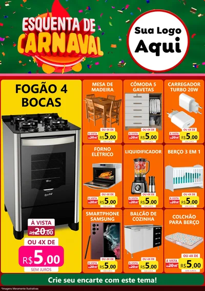 Modelo de Encarte para Encarte A4 Vertical com o tema Esquenta de Carnaval para Móveis e Eletro