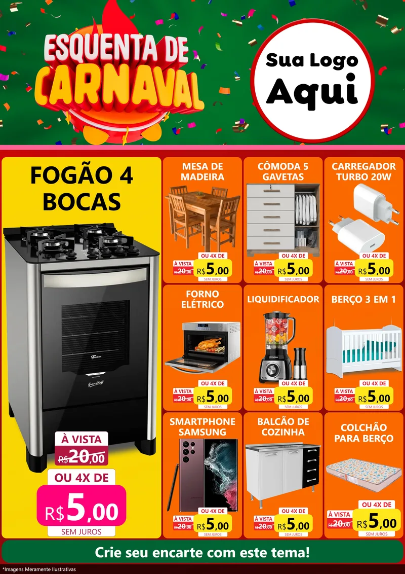 Modelo de Encarte para Encarte A4 Vertical com o tema Esquenta de Carnaval para Móveis e Eletro