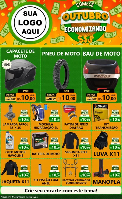 Modelo de Encarte para Encarte Grande com o tema Comece Outubro Economizando para Moto peças