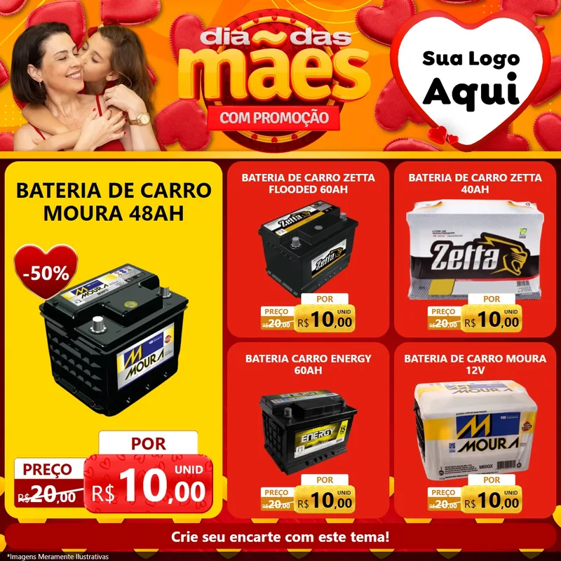 Modelo de Rede Social para Feed Facebook com o tema Dia das Mães com Promoção para Baterias Elétricas