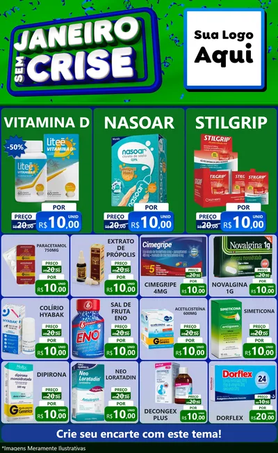 Modelo de Encarte para Encarte Grande com o tema Janeiro Sem Crise para Farmácia