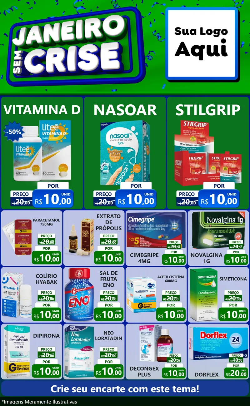 Modelo de Encarte para Encarte Grande com o tema Janeiro Sem Crise para Farmácia