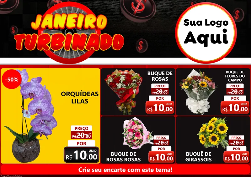 Modelo de Encarte para Encarte A4 Horizontal com o tema Janeiro Turbinado para Floricultura e jardim