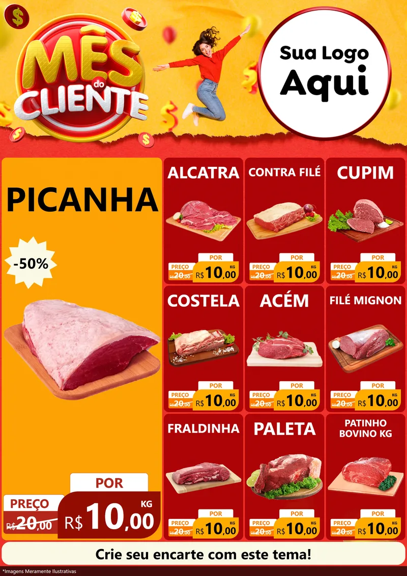 Modelo de Encarte para Encarte A4 Vertical com o tema Mês do Cliente para Açougue