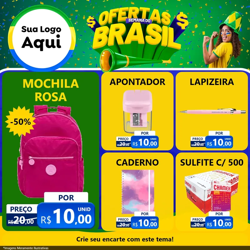 Modelo de Rede Social para Feed Facebook com o tema Ofertas Semana do Brasil para Papelaria
