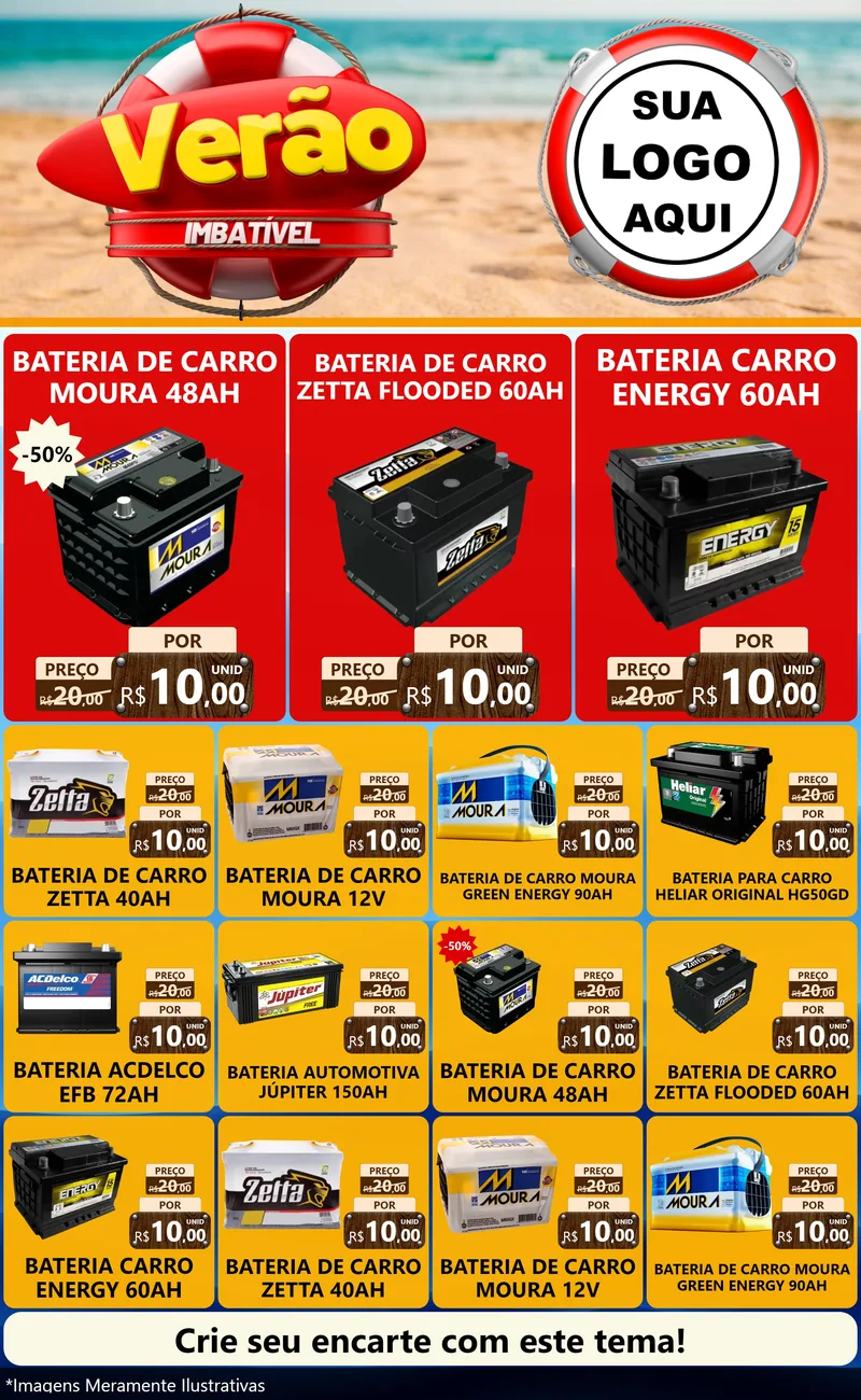 Modelo de Encarte para Encarte Grande com o tema Verão Imbatível para Baterias Elétricas