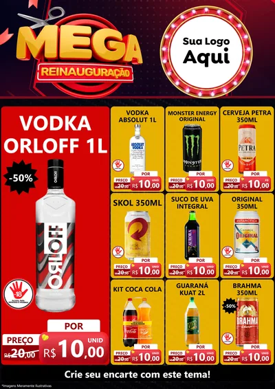 Modelo de Encarte para Encarte A4 Vertical com o tema Mega Reinauguração para Distribuidora de bebidas