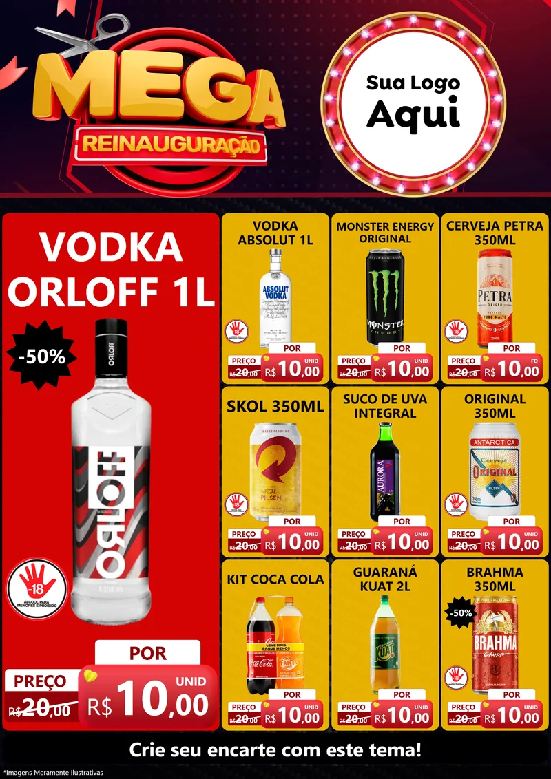 Modelo de Encarte para Encarte A4 Vertical com o tema Mega Reinauguração para Distribuidora de bebidas