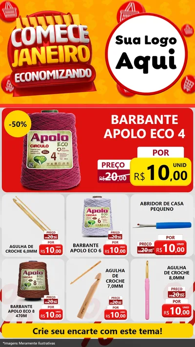 Modelo de Rede Social para Stories com o tema Comece Janeiro Economizando para Armarinho e Aviamentos