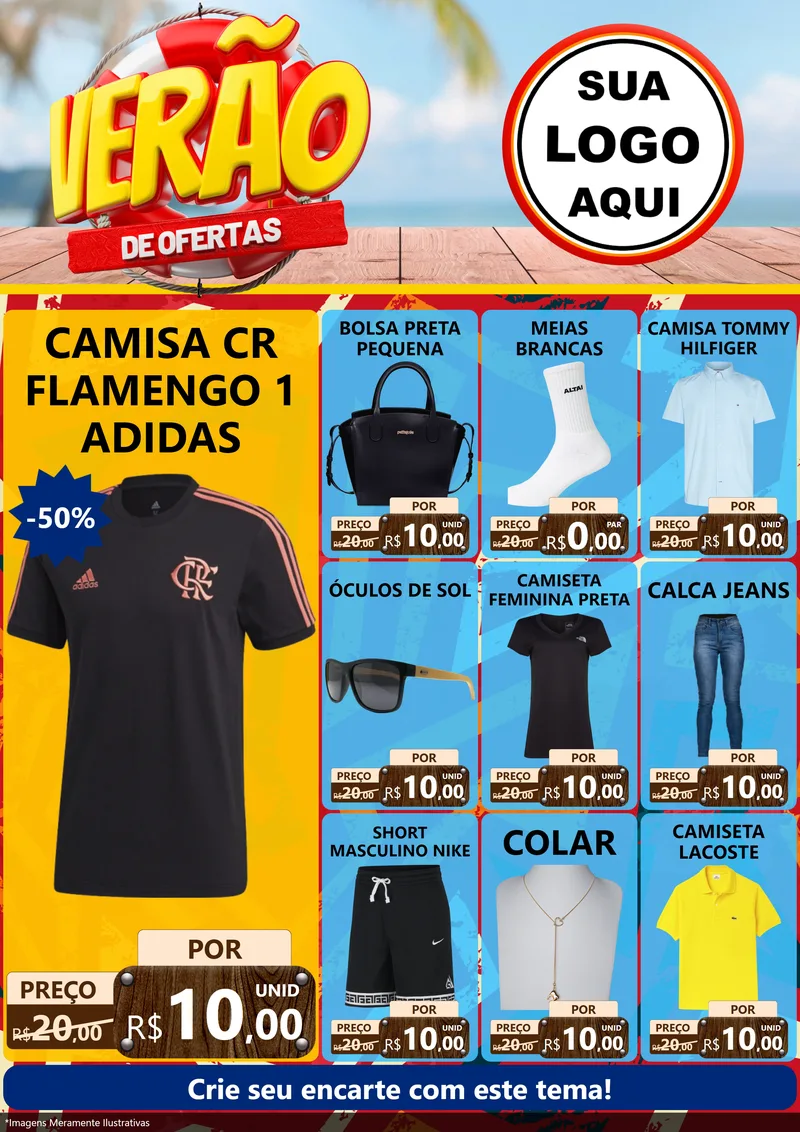 Modelo de Encarte para Encarte A4 Vertical com o tema Verão de Ofertas para Roupas e acessórios