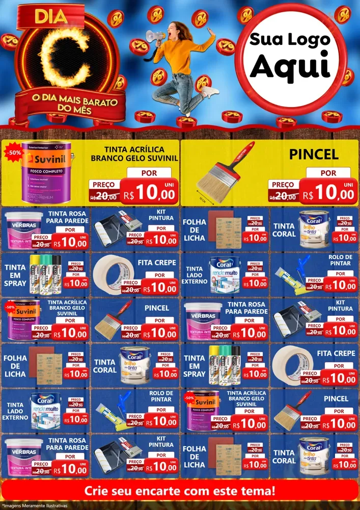 Modelo de Encarte para Encarte A4 Vertical com o tema Dia C - O Dia Mais Barato Do Mês para Tintas e Ferramentas