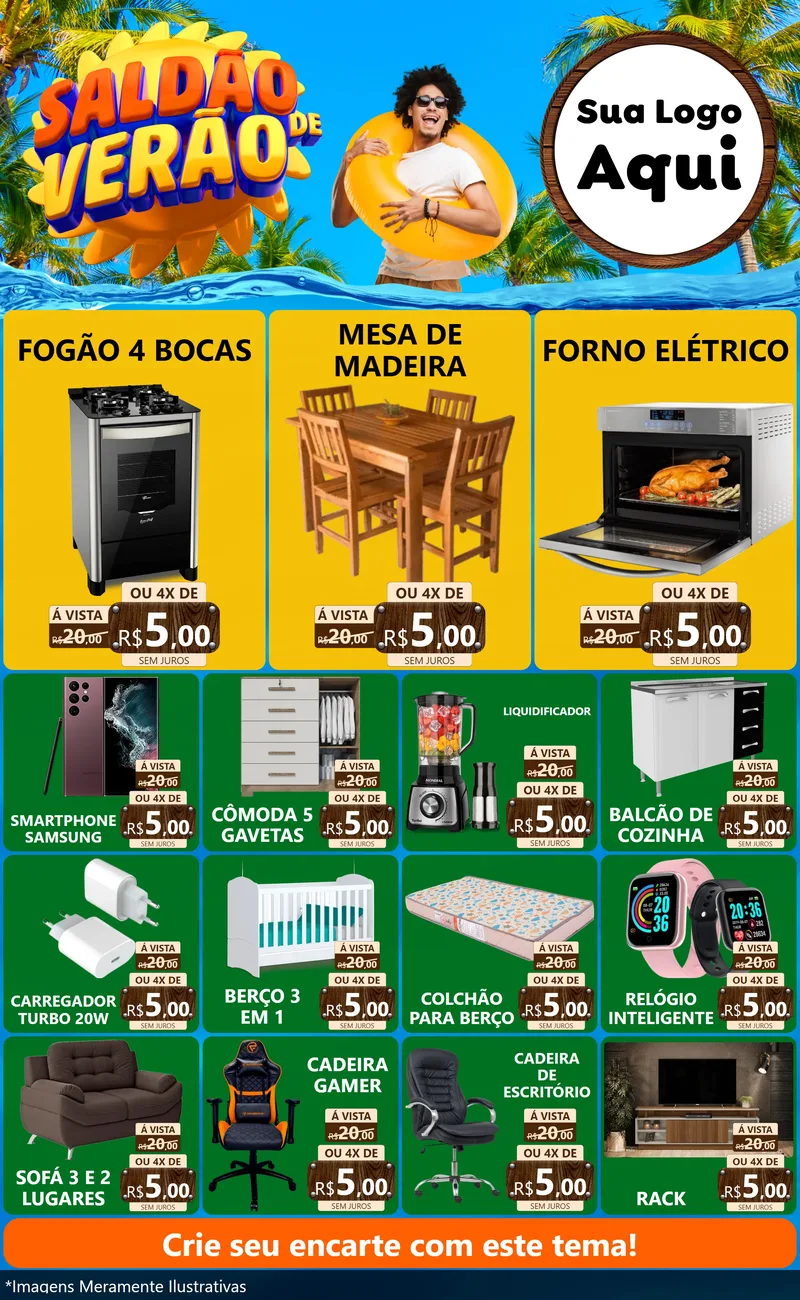 Modelo de Encarte para Encarte Grande com o tema Saldão de Verão para Móveis e Eletro