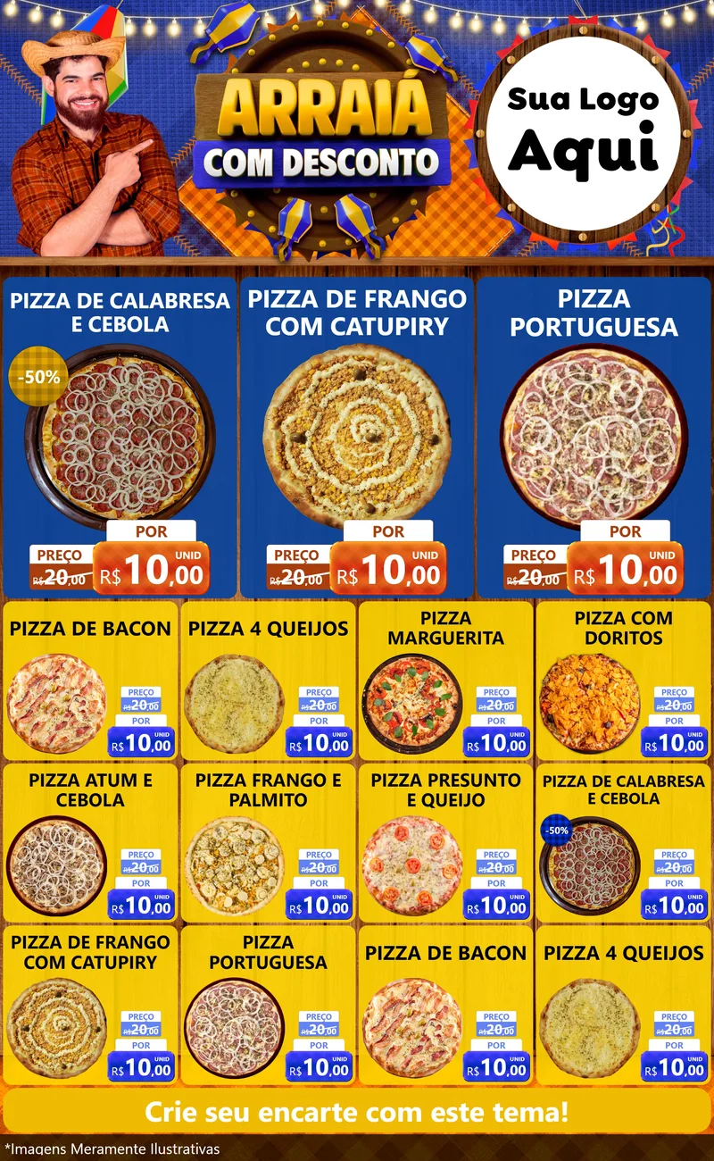 Modelo de Encarte para Encarte Grande com o tema Arraiá Com Desconto para Pizzaria