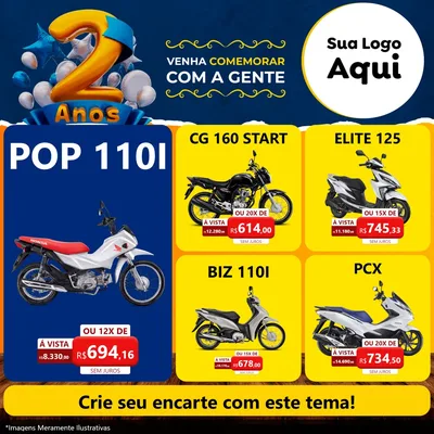 Modelo de Rede Social para Feed Facebook com o tema Aniversário de 2 anos para Concessionaria de Motos