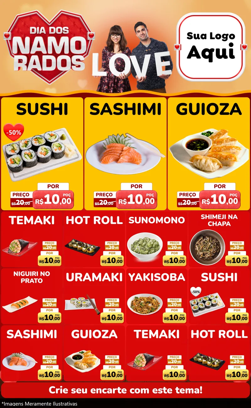 Modelo de Encarte para Encarte Grande com o tema Dia dos Namorados para Comida japonesa