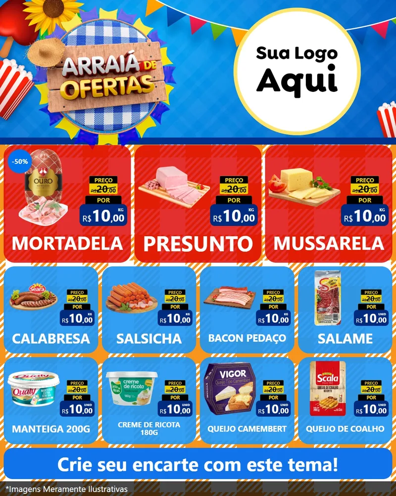 Modelo de Rede Social para Feed Instagram com o tema Arraiá de Ofertas para Frios e Laticínios