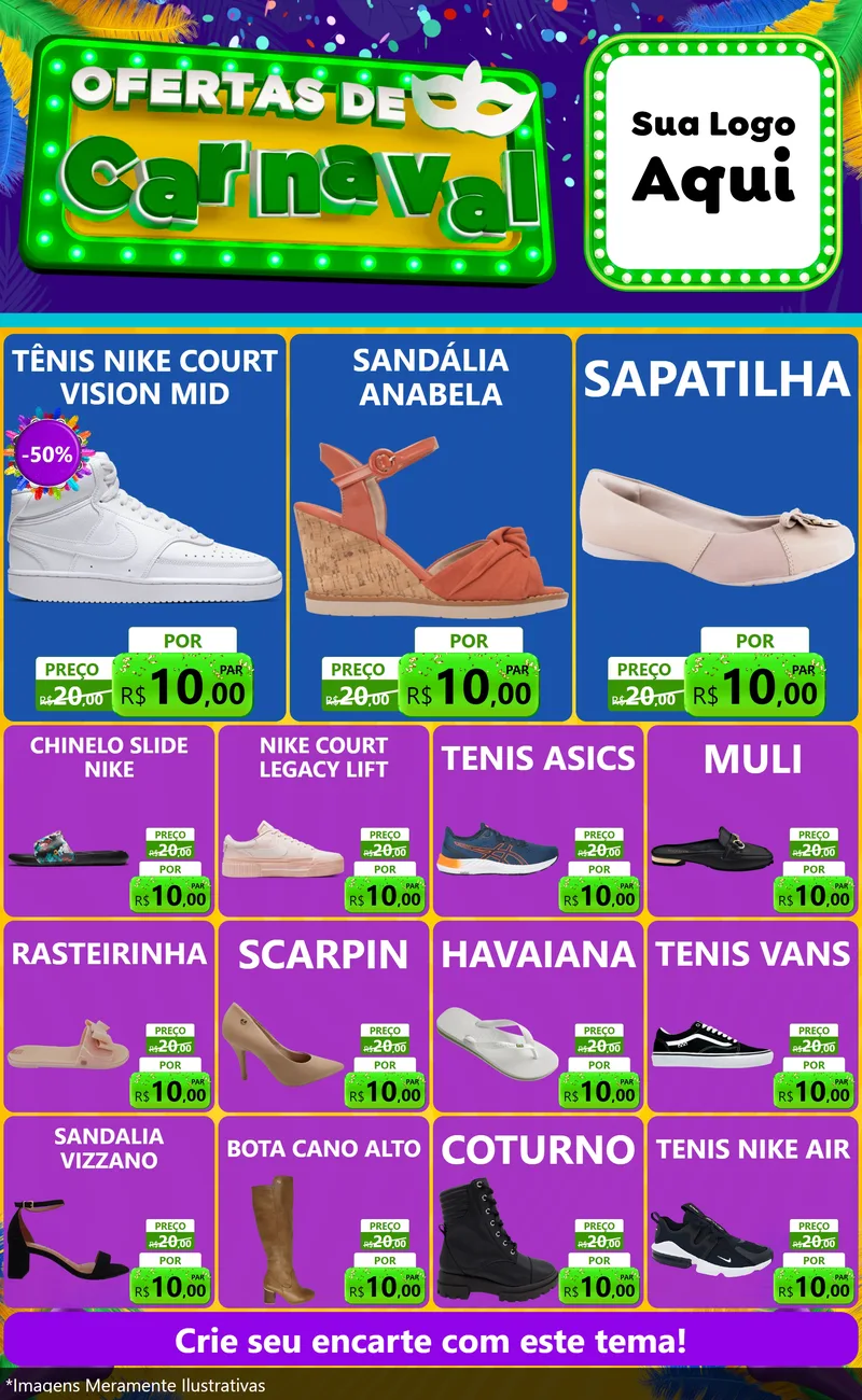 Modelo de Encarte para Encarte Grande com o tema Ofertas de Carnaval para Calçados
