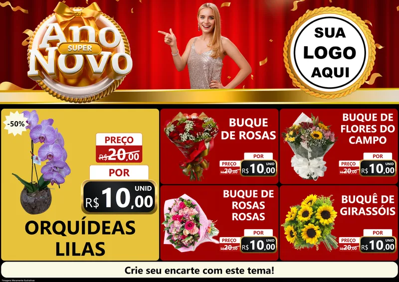 Modelo de Encarte para Encarte A4 Horizontal com o tema Super Ano Novo para Floricultura e jardim
