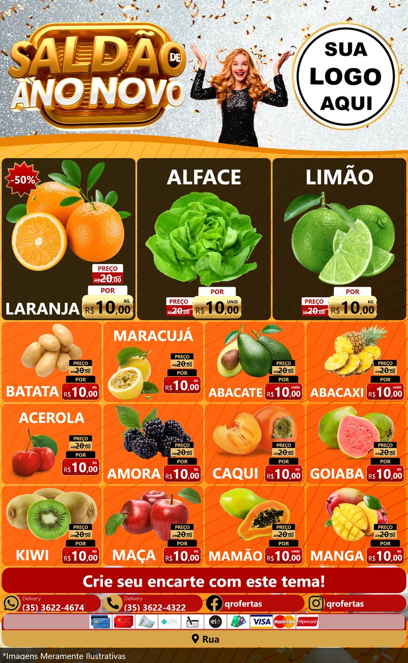 Modelo de Encarte para Encarte Grande com o tema Saldão de Ano Novo para Hortifrúti