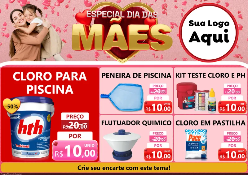 Modelo de Encarte para Encarte A4 Horizontal com o tema Especial Dia Das Mães para Produtos para Piscina