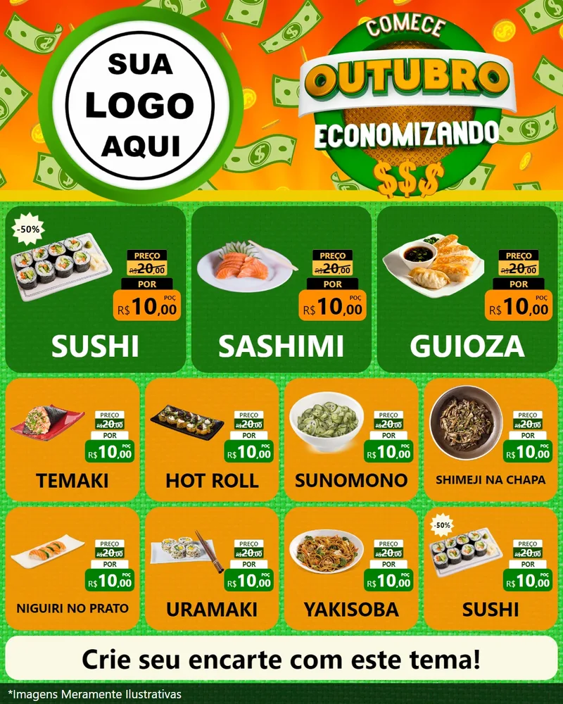 Modelo de Rede Social para Feed Instagram com o tema Comece Outubro Economizando para Comida japonesa