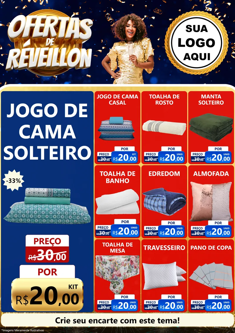Modelo de Encarte para Encarte A4 Vertical com o tema Ofertas de Réveillon para Cama, Mesa e Banho