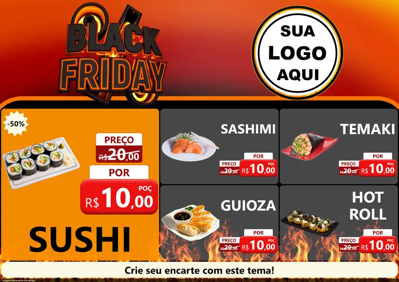Modelo de Encarte para Encarte A4 Horizontal com o tema Black Friday para Comida japonesa