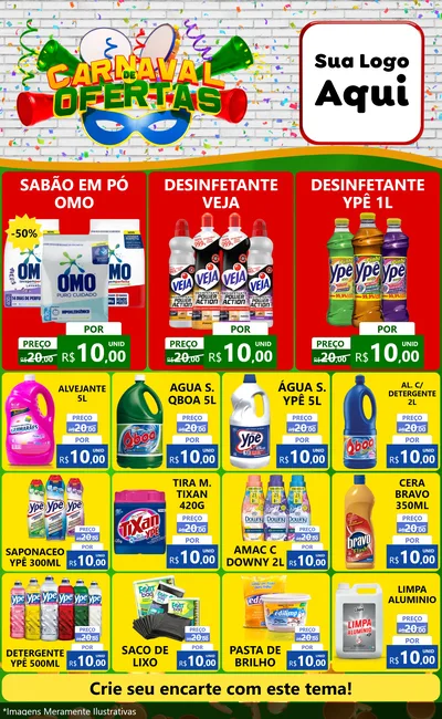 Modelo de Encarte para Encarte Grande com o tema Carnaval de Ofertas para Produtos de Limpeza