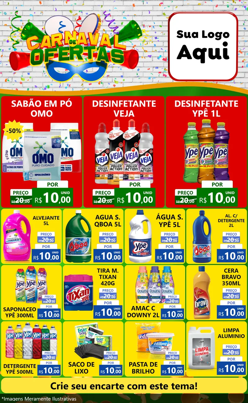 Modelo de Encarte para Encarte Grande com o tema Carnaval de Ofertas para Produtos de Limpeza