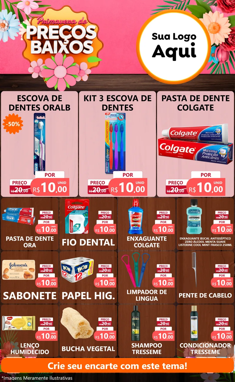 Modelo de Encarte para Encarte Grande com o tema Primavera de Preços Baixos para Higiene Pessoal