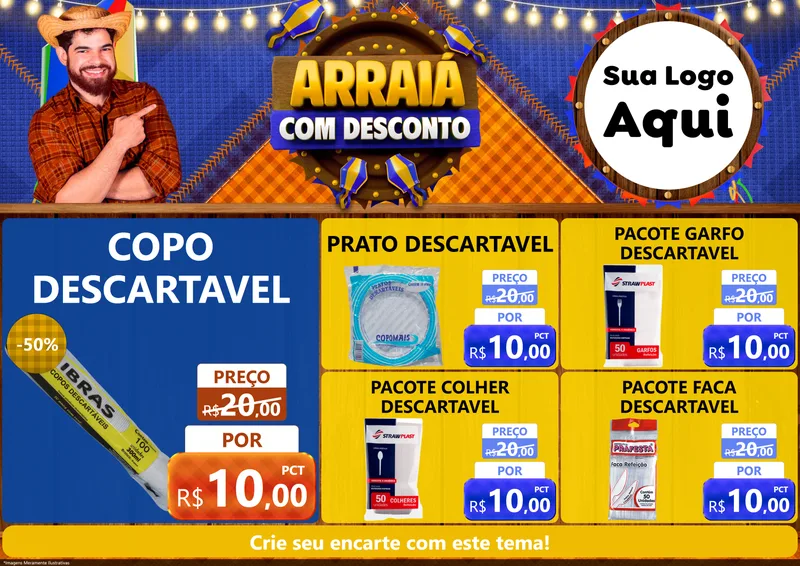 Modelo de Encarte para Encarte A4 Horizontal com o tema Arraiá Com Desconto para Embalagens