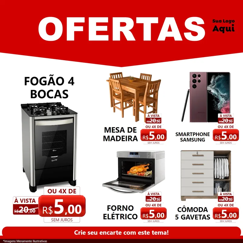 Modelo de Rede Social para Feed Facebook com o tema Ofertas Vermelho Cartaz para Móveis e Eletro