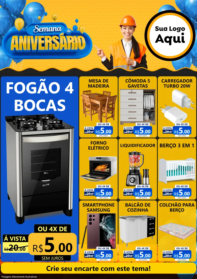 Modelo de Encarte para Encarte A4 Vertical com o tema Semana de Aniversário para Móveis e Eletro