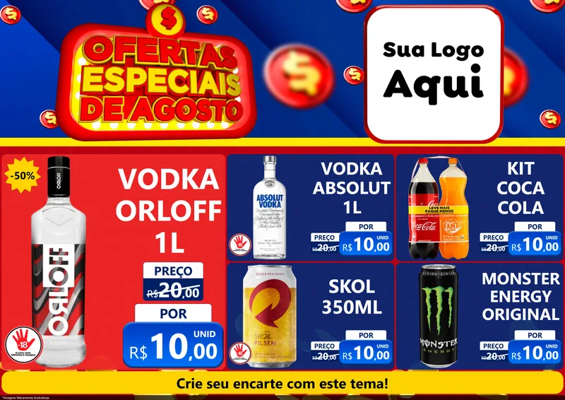 Modelo de Encarte para Encarte A4 Horizontal com o tema Ofertas Especiais de Agosto para Distribuidora de bebidas