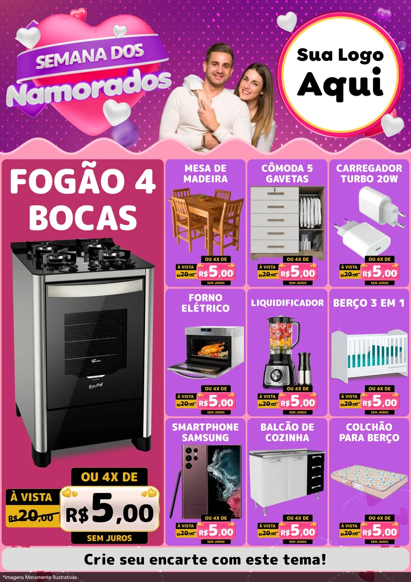 Modelo de Encarte para Encarte A4 Vertical com o tema Semana dos Namorados para Móveis e Eletro