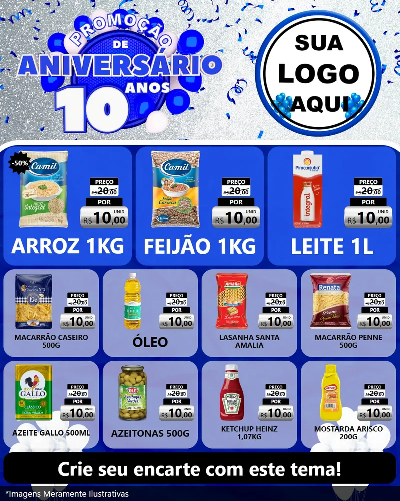 Modelo de Rede Social para Feed Instagram com o tema Promoção de Aniversário - 10 Anos para Supermercado