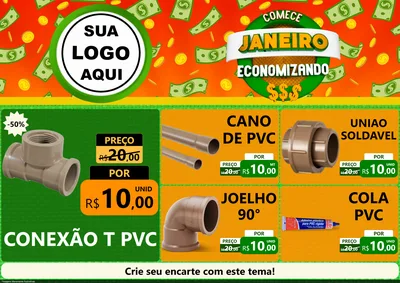 Modelo de Encarte para Encarte A4 Horizontal com o tema Comece Janeiro Economizando para Tubos e conexões