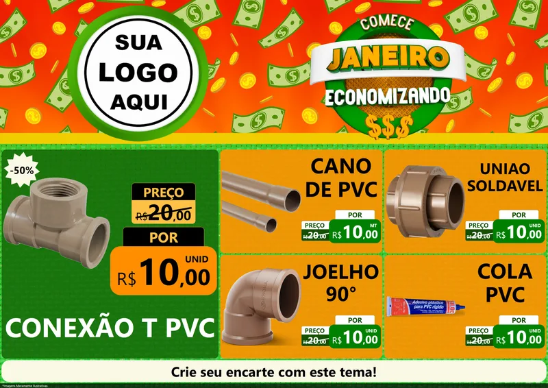 Modelo de Encarte para Encarte A4 Horizontal com o tema Comece Janeiro Economizando para Tubos e conexões