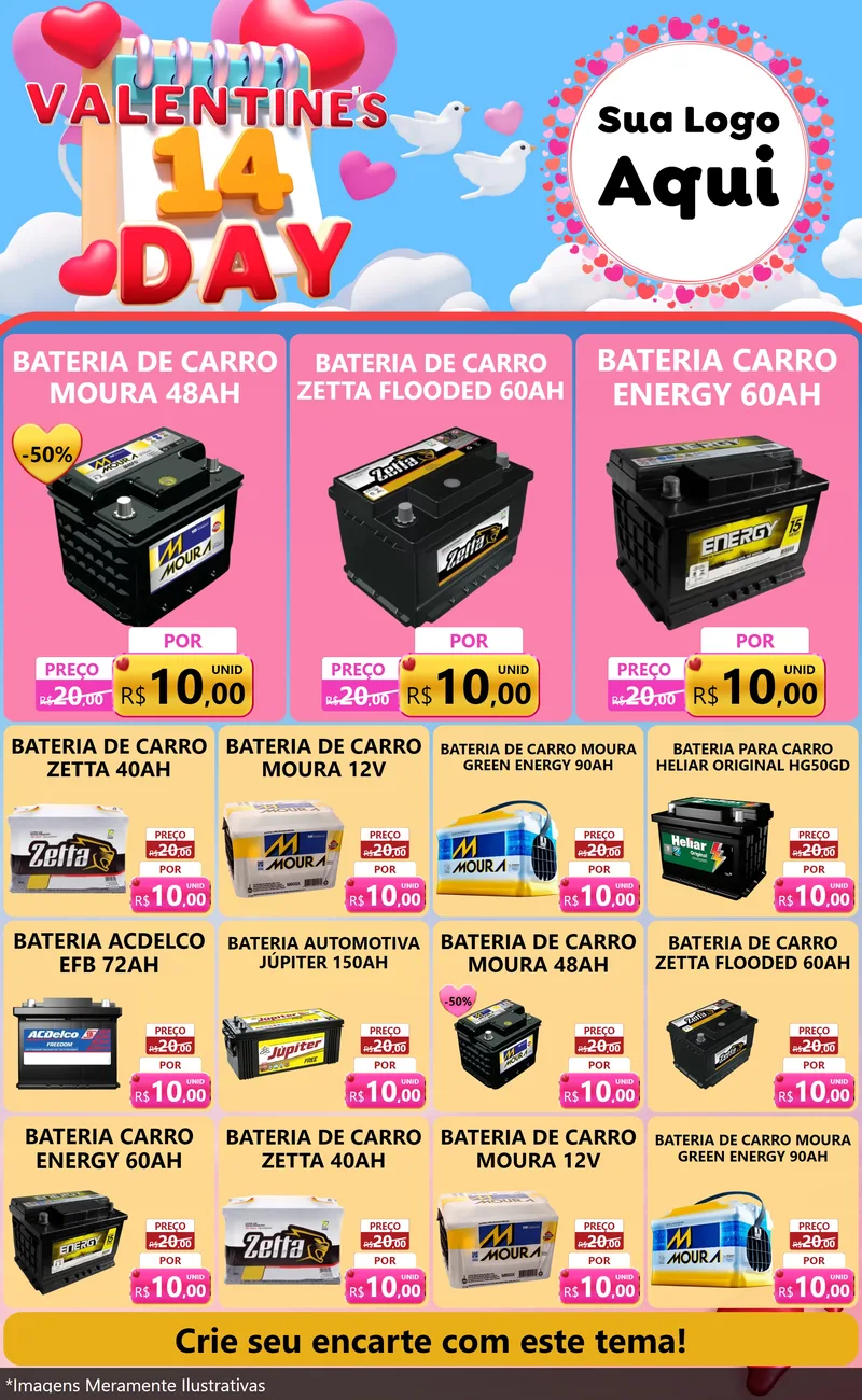 Modelo de Encarte para Encarte Grande com o tema Valentine's Day para Baterias Elétricas