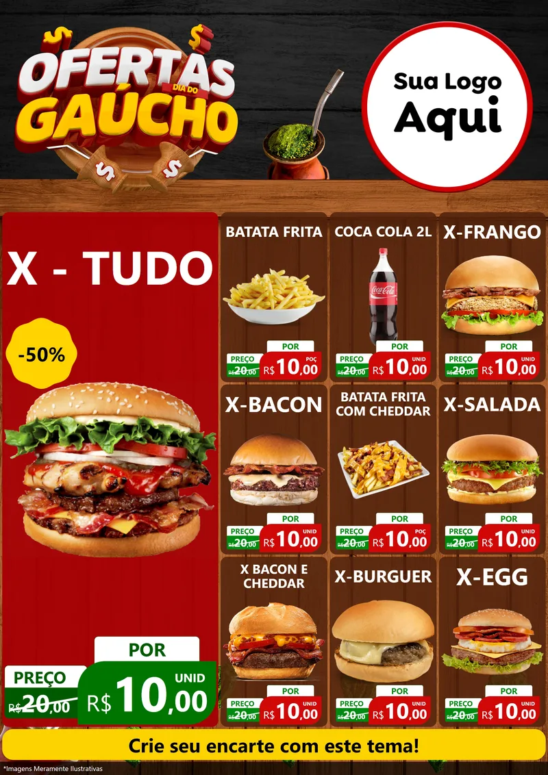 Modelo de Encarte para Encarte A4 Vertical com o tema Ofertas Dia do Gaúcho para Hamburgueria