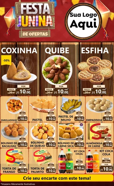 Modelo de Encarte para Encarte Grande com o tema Festa Junina de Ofertas para Salgadaria