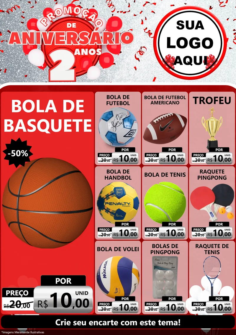 Modelo de Encarte para Encarte A4 Vertical com o tema Promoção de Aniversário - 2 Anos para Artigos Esportivos